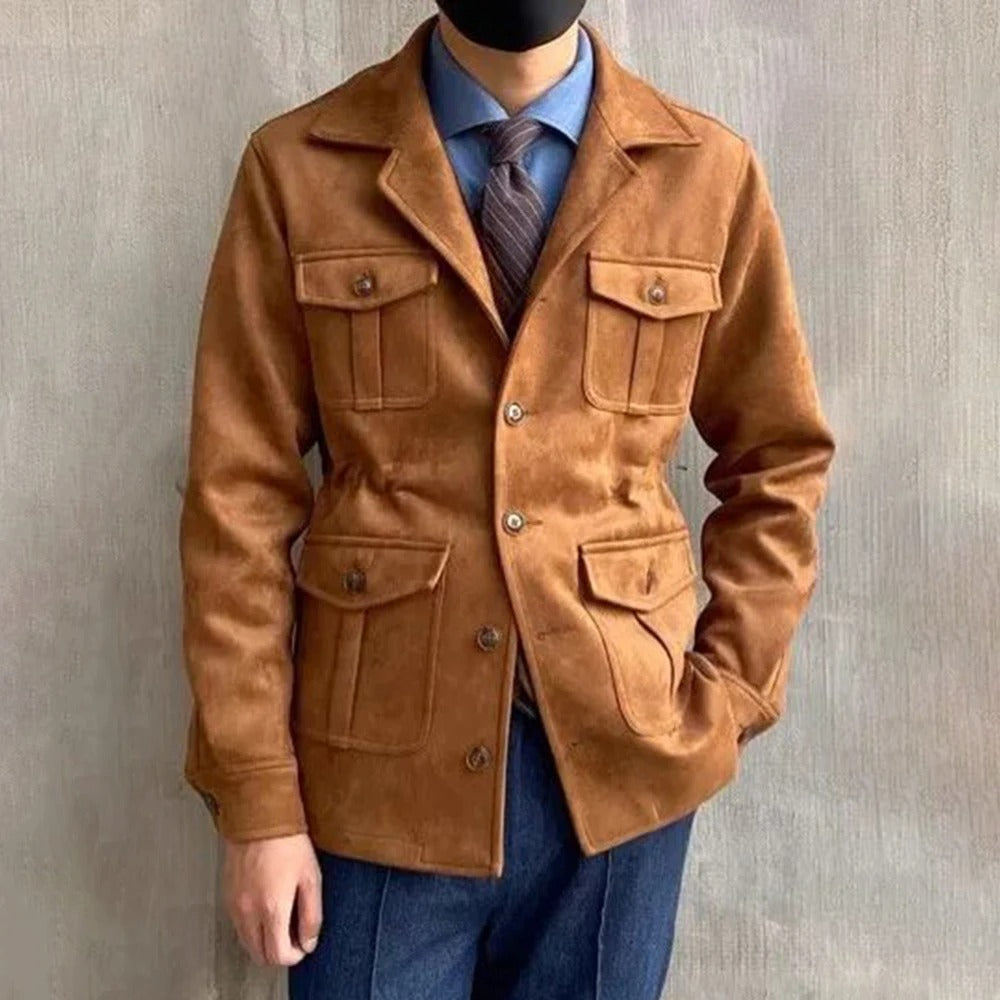 Men's classic outdoor field jacket with four functional pockets, button-front closure, and tailored fit.