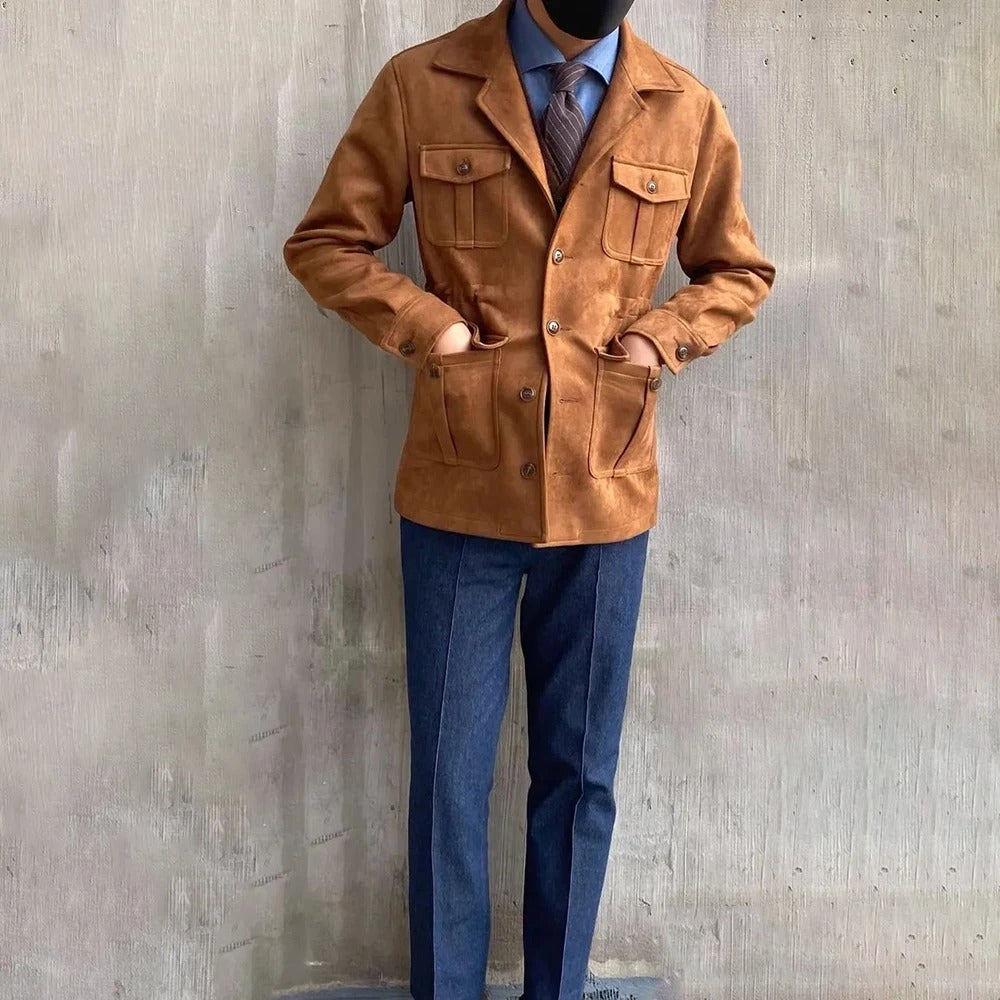 Brown men's classic field jacket. Stylish four-pocket outdoor coat, perfect for smart casual layering and adventure.
