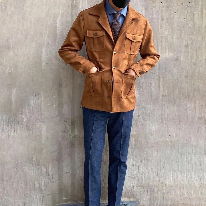 Brown men's classic field jacket. Stylish four-pocket outdoor coat, perfect for smart casual layering and adventure.