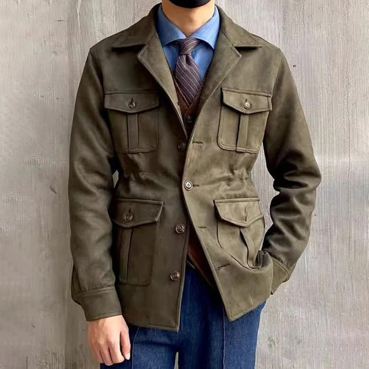 Black men's tailored fit field jacket. Classic four-pocket design, button-front, great for smart casual wear.