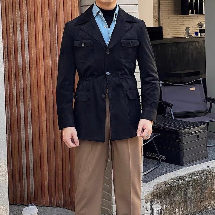 Men's casual brown field jacket. Tailored fit, classic four-pocket design, ideal layering coat for outdoor activities.