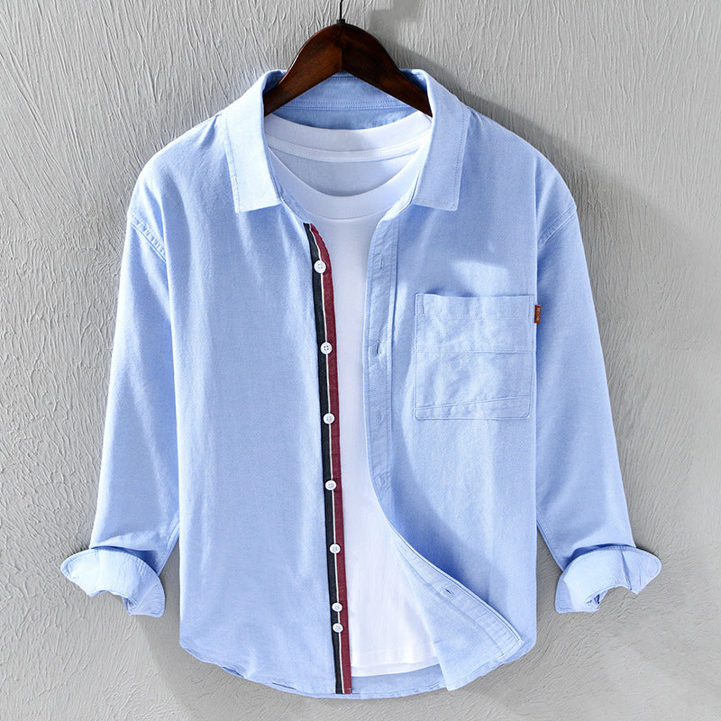 Men's Classic Oxford Shirt with unique ribbon trim detail, long sleeve button down for versatile style.