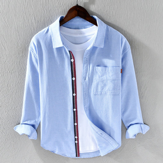 Men's Classic Oxford Shirt with unique ribbon trim detail, long sleeve button down for versatile style.