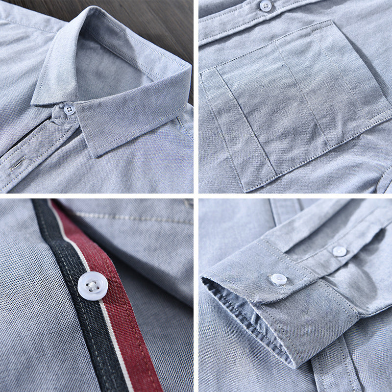 Timeless men's classic Oxford shirt, long sleeve, clean design with subtle yet elegant ribbon trim detail.