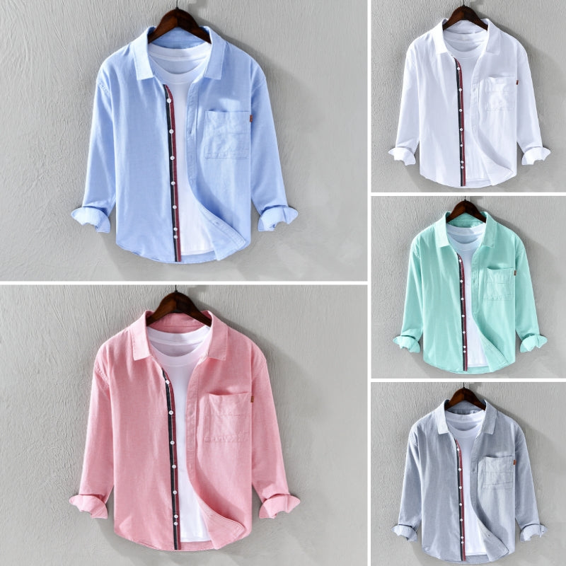 Men's fashion oxford shirt, long sleeve button down, classic with a unique ribbon trim accent.