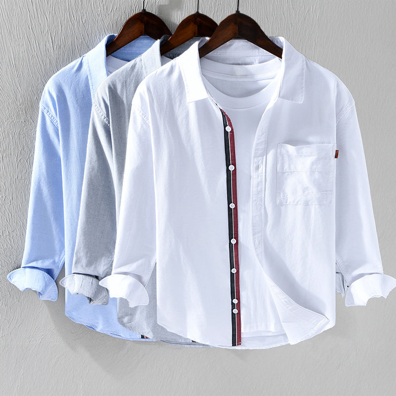 Workwear and weekend wear men's classic Oxford shirt, long sleeve, smart casual with stylish ribbon trim.