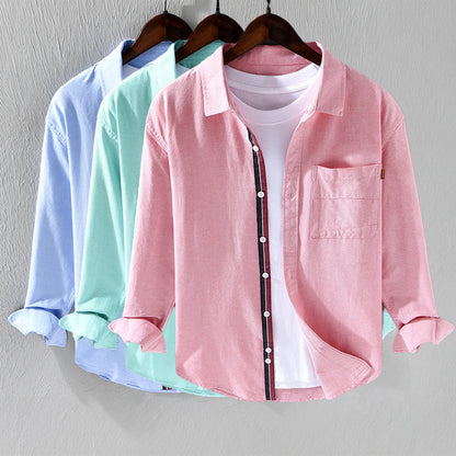 Classic men's long sleeve Oxford shirt, button down design, enhanced with sophisticated ribbon trim.