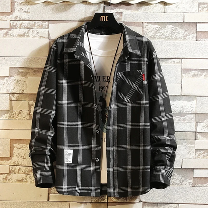 Comfortable men's plaid flannel shirt, button-up long sleeve, perfect for casual fashion & versatility.
