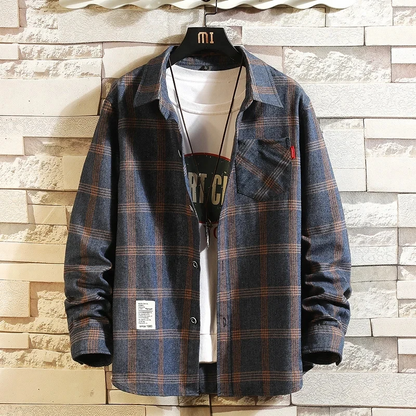 Classic men's plaid flannel shirt, button-up, long sleeve. A versatile top & light outerwear for comfort.