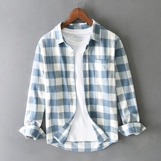 Men's classic plaid long-sleeve button-up shirt, perfect for everyday casual comfort and versatile style.
