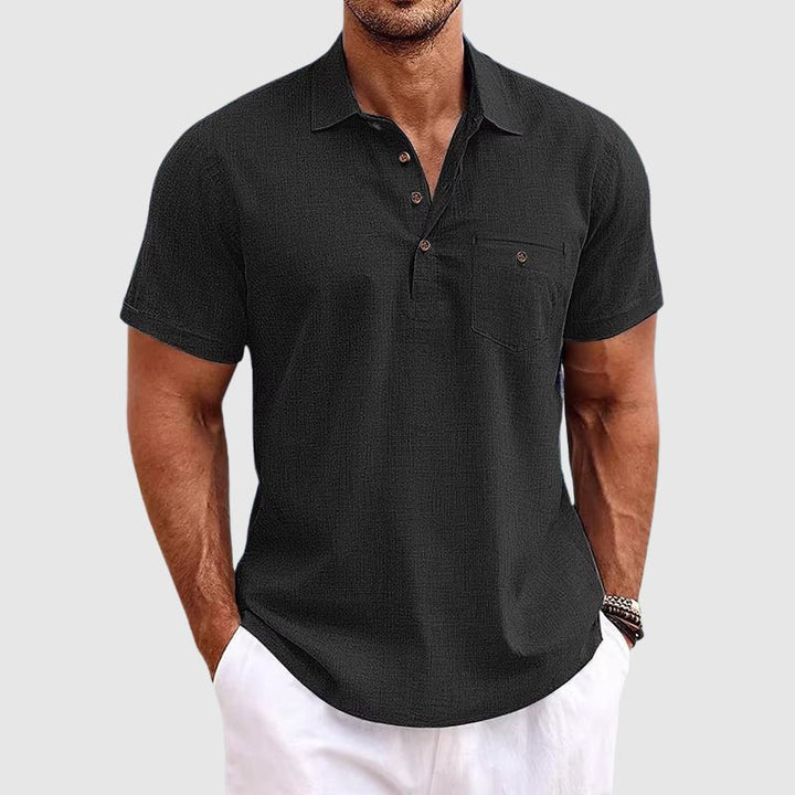 Short sleeve men's polo shirt, ideal for summer fashion, featuring a practical chest pocket.