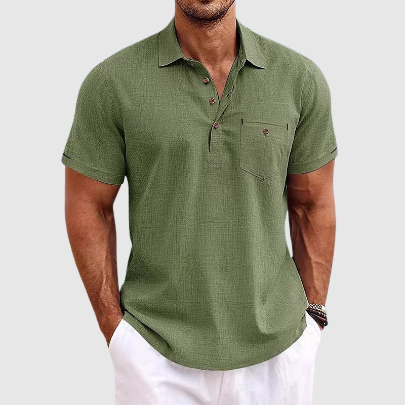 Men's classic short sleeve polo shirt with chest pocket for a smart-casual look and modern fashion.