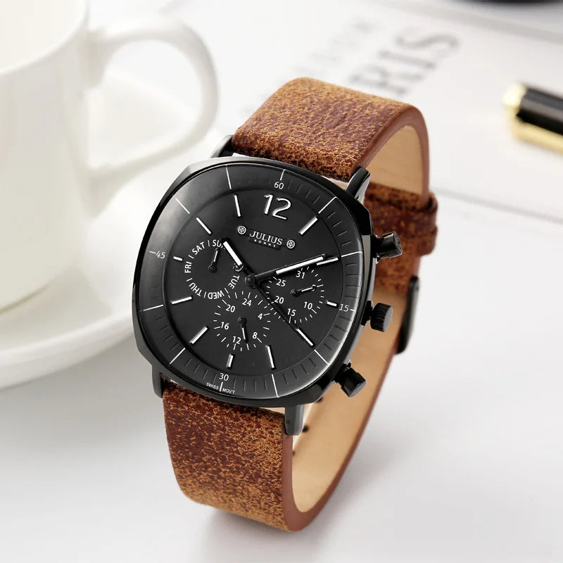 Men's classic precision chronograph watch with black dial and genuine leather strap. Water resistant analog timepiece.