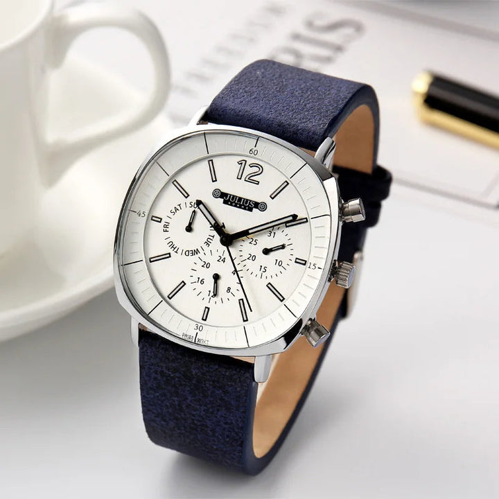 High-quality men's formal watch. A precision quartz chronograph with a comfortable and durable brown leather strap.