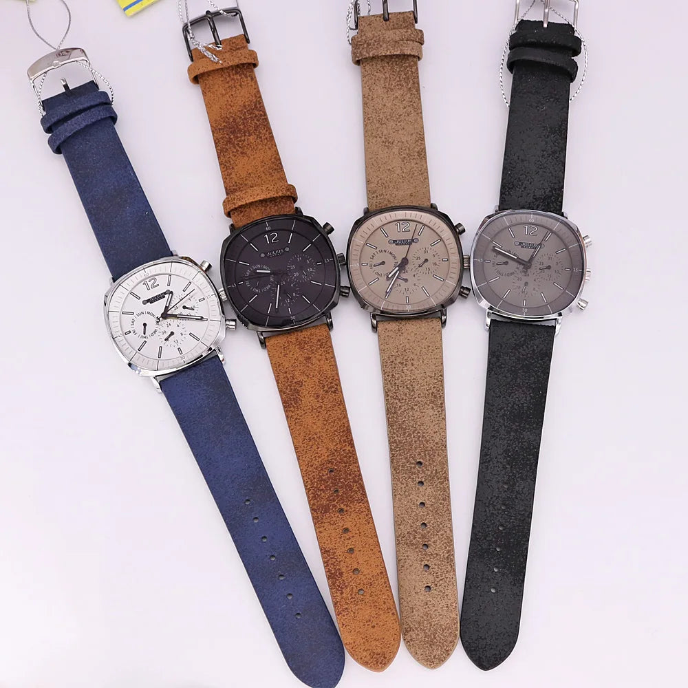 Classic men's analog watch, a reliable quartz chronograph with a genuine leather strap and clear time display.