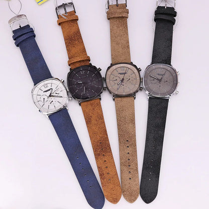 Classic men's analog watch, a reliable quartz chronograph with a genuine leather strap and clear time display.
