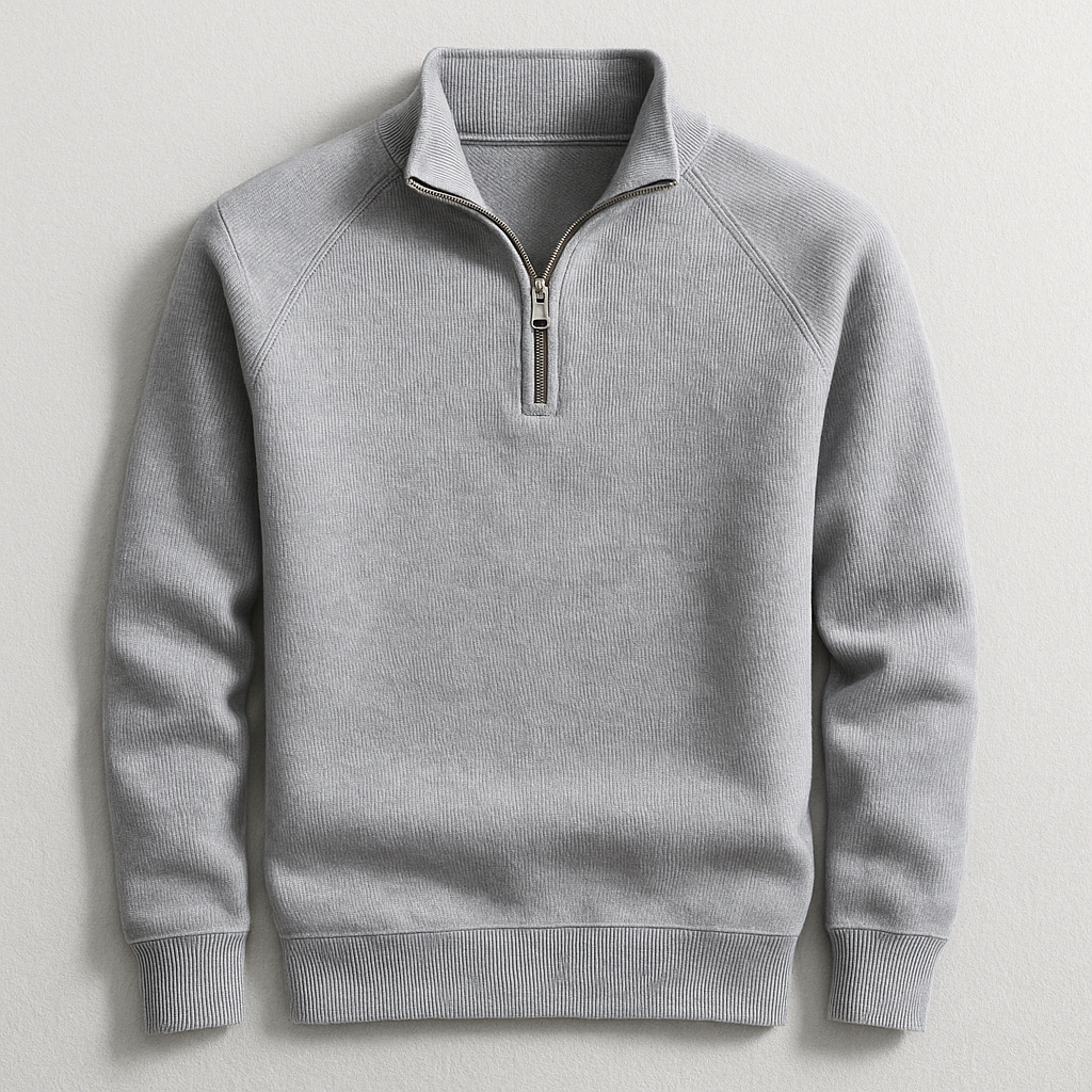 Grey men's tailored fit quarter-zip pullover, a versatile & comfortable long-sleeve top for men's fashion.