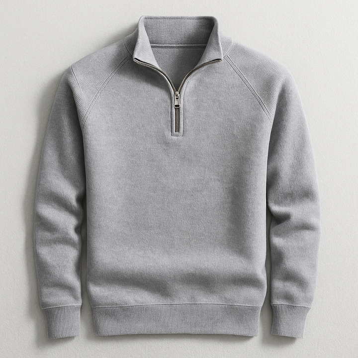 Grey men's tailored fit quarter-zip pullover, a versatile & comfortable long-sleeve top for men's fashion.