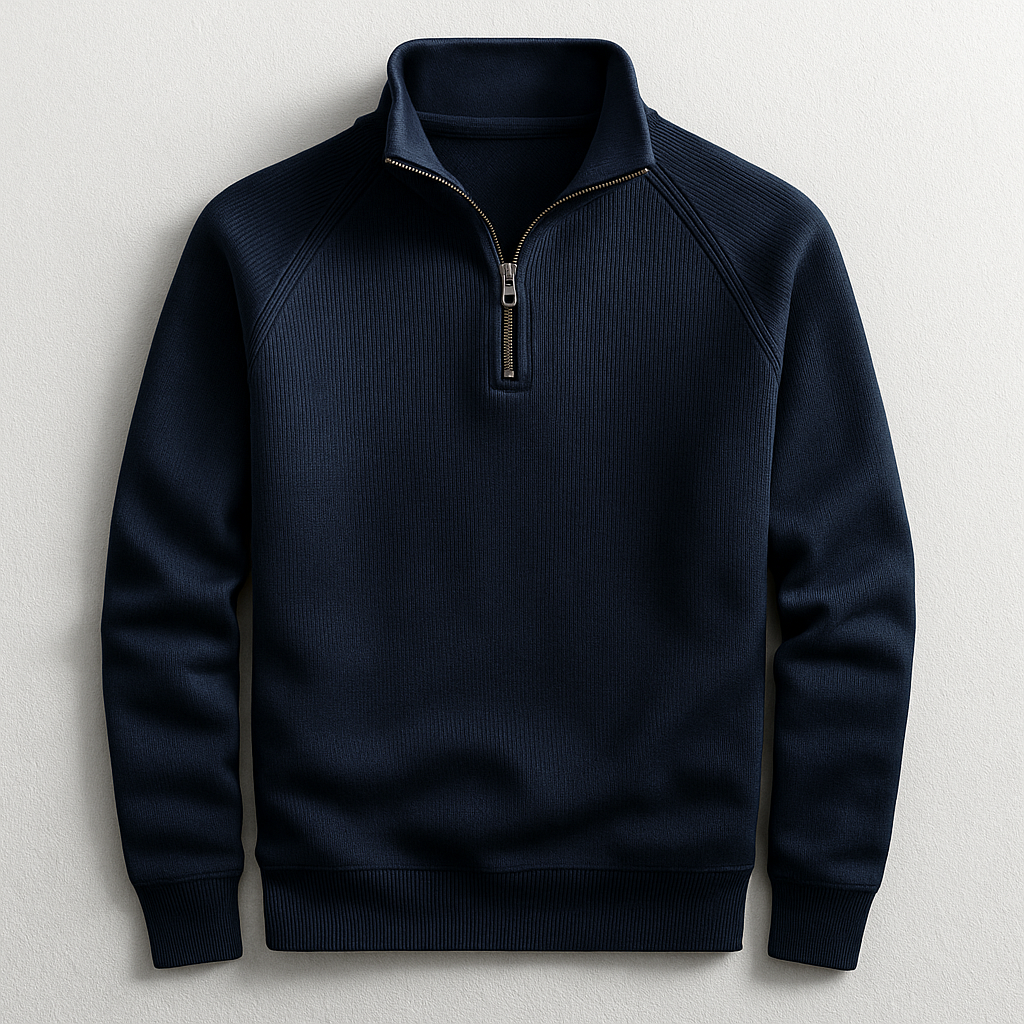 Close-up of a men's classic quarter-zip pullover, showcasing the zip detail & comfortable, versatile fabric.
