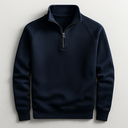 Close-up of a men's classic quarter-zip pullover, showcasing the zip detail & comfortable, versatile fabric.