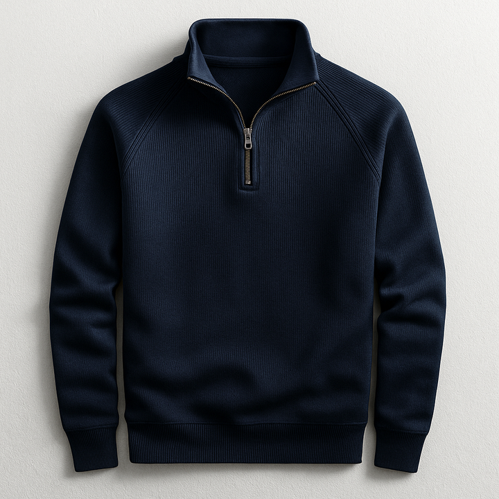 Close-up of a men's classic quarter-zip pullover, showcasing the zip detail & comfortable, versatile fabric.