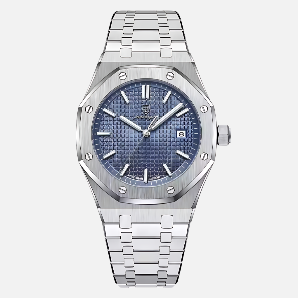 Men's classic quartz watch with elegant Roman numeral dial, durable stainless steel case. Ideal business or daily wear.