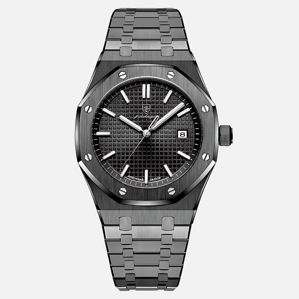 Elegant men's quartz wrist watch featuring a sophisticated Roman numeral dial. Perfect formal or business accessory.