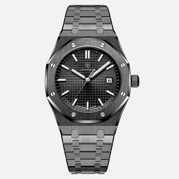 Elegant men's quartz wrist watch featuring a sophisticated Roman numeral dial. Perfect formal or business accessory.