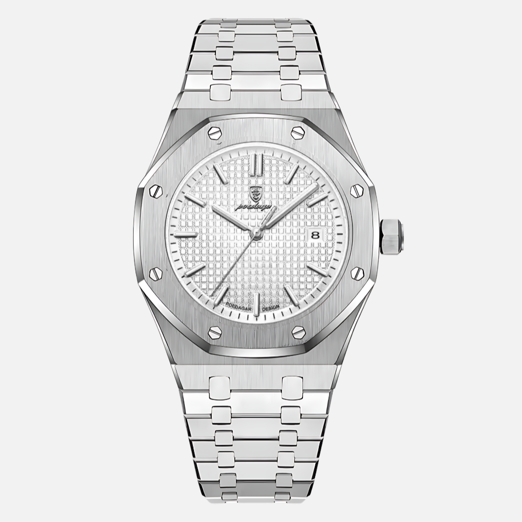 Close-up of men's quartz watch, showcasing its classic Roman numeral dial and precise timekeeping. Stylish gift.