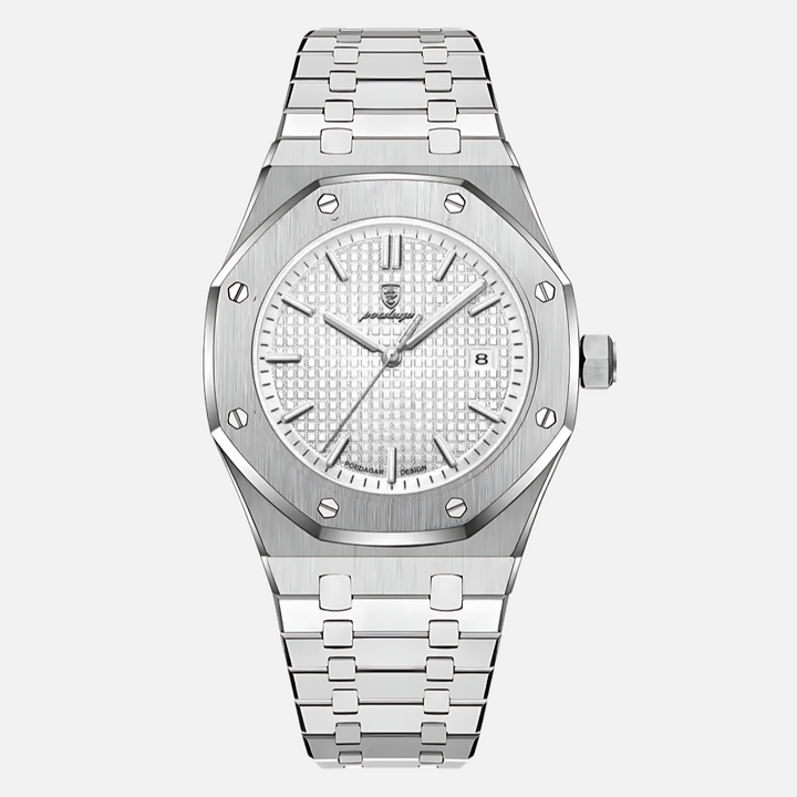 Close-up of men's quartz watch, showcasing its classic Roman numeral dial and precise timekeeping. Stylish gift.