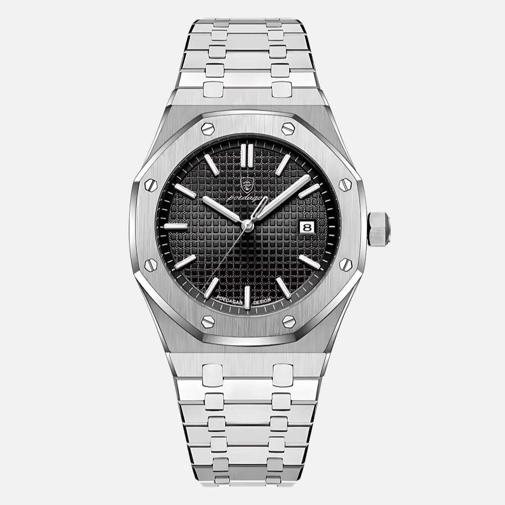 Versatile men's quartz wrist watch. Classic Roman numeral dial for business, formal, or daily wear. Durable timepiece.