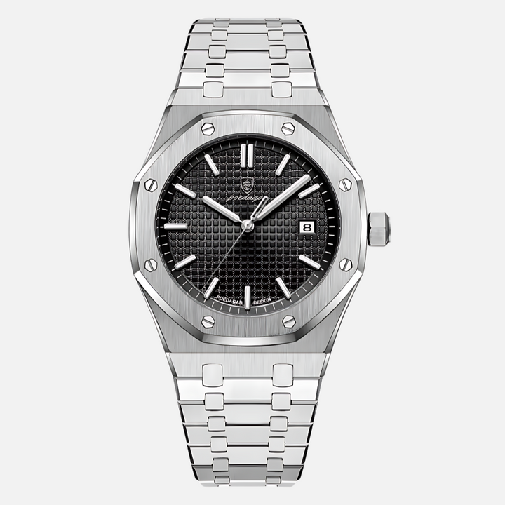 Versatile men's quartz wrist watch. Classic Roman numeral dial for business, formal, or daily wear. Durable timepiece.