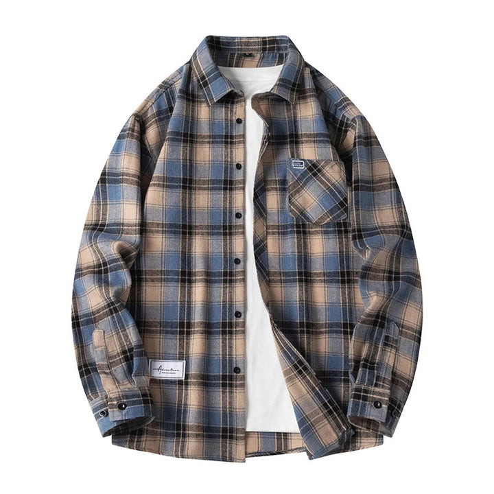 Men's classic red & black plaid flannel shirt, long sleeve, button-down for casual fall fashion.