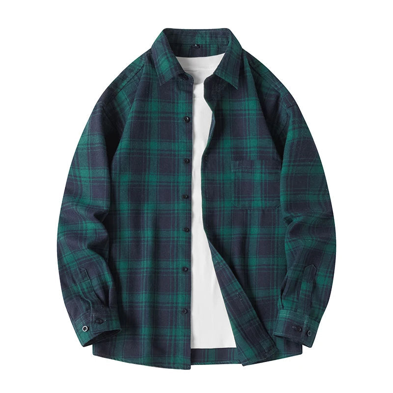 Men's vintage-style green plaid flannel shirt, button-down for timeless fall & winter fashion.