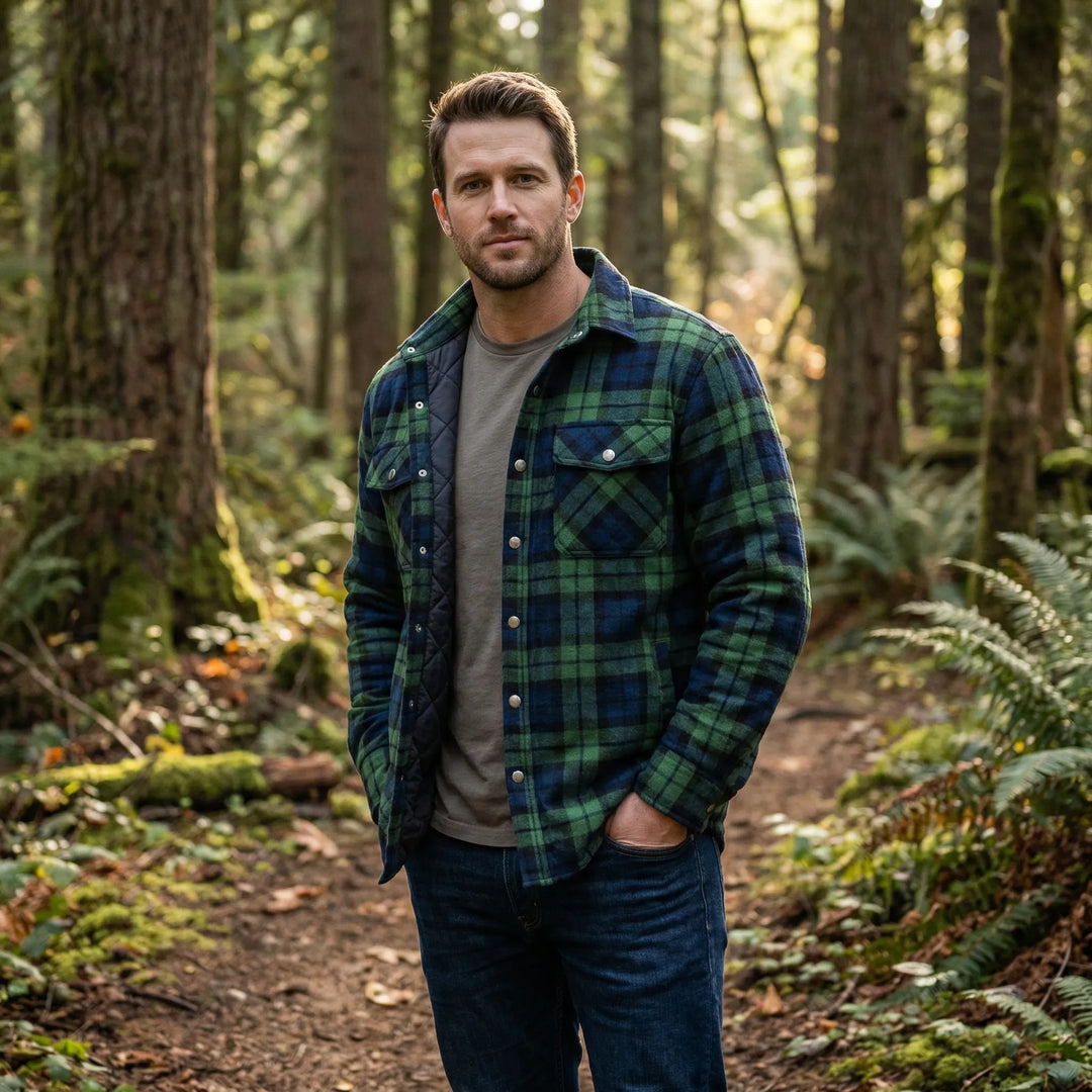 Men's classic red plaid quilted jacket with snap buttons. Warm retro style for fall & winter outerwear.