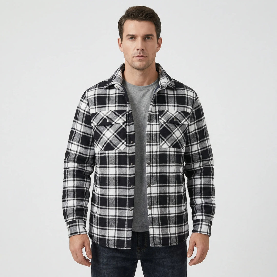 Men's casual outdoor plaid quilted jacket. Retro lumberjack style, perfect for cool fall days & winter.