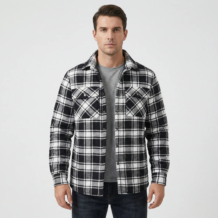 Men's casual outdoor plaid quilted jacket. Retro lumberjack style, perfect for cool fall days & winter.