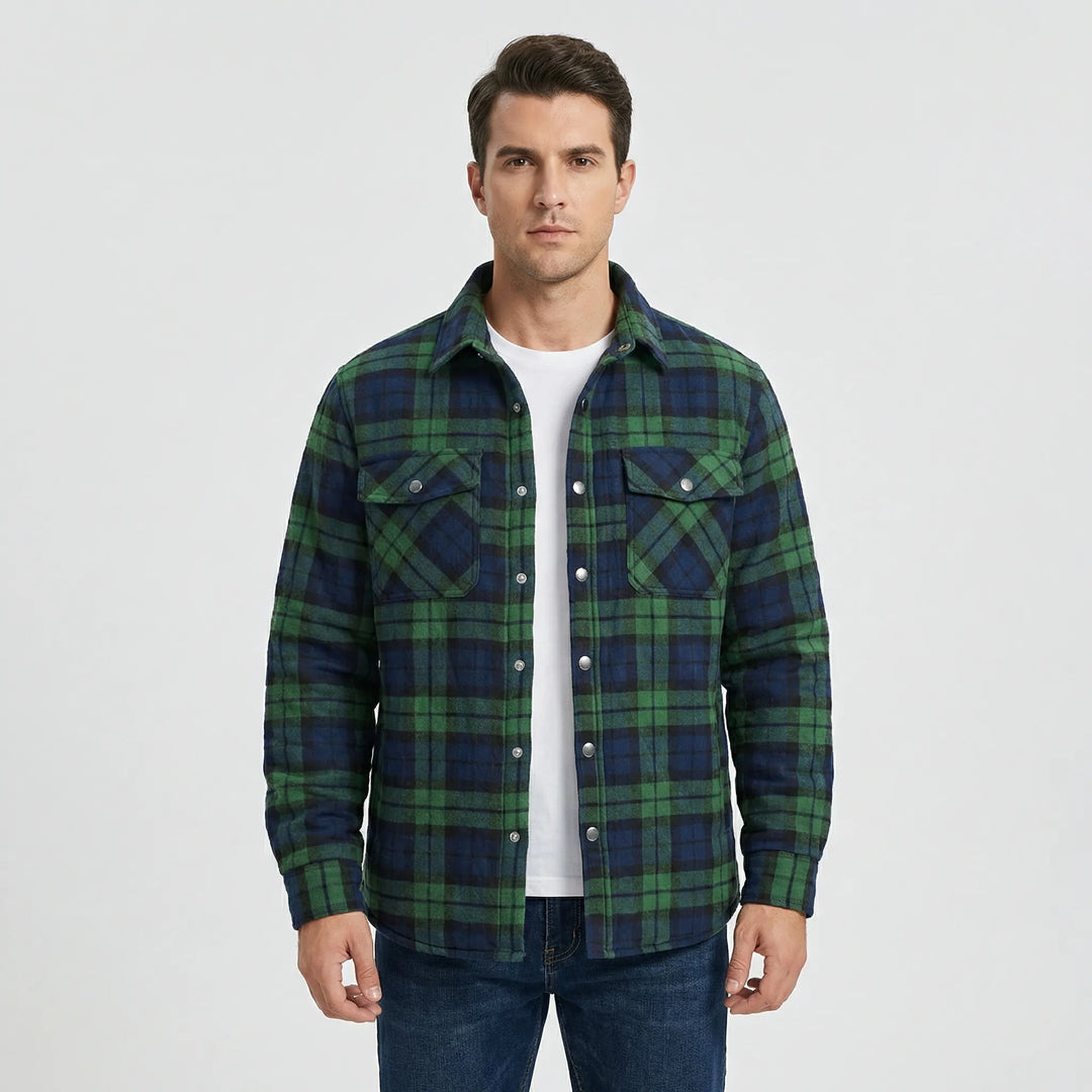 Retro lumberjack style men's plaid quilted jacket. Ideal casual outdoor fall/winter wear with snap buttons.