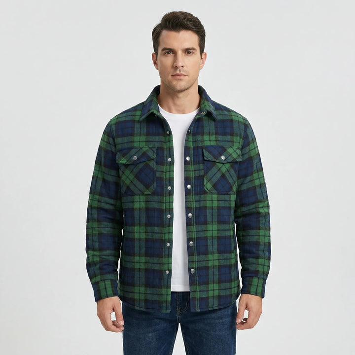 Retro lumberjack style men's plaid quilted jacket. Ideal casual outdoor fall/winter wear with snap buttons.