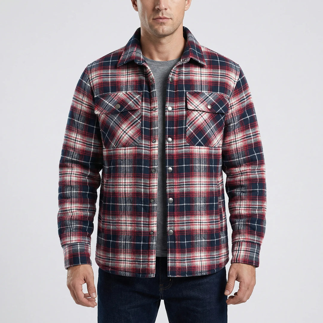 Cozy men's winter plaid quilted jacket. Snap button closure, retro lumberjack style, ideal for cold weather.