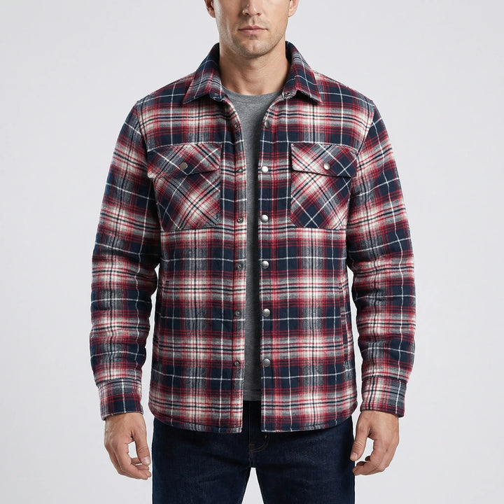 Cozy men's winter plaid quilted jacket. Snap button closure, retro lumberjack style, ideal for cold weather.