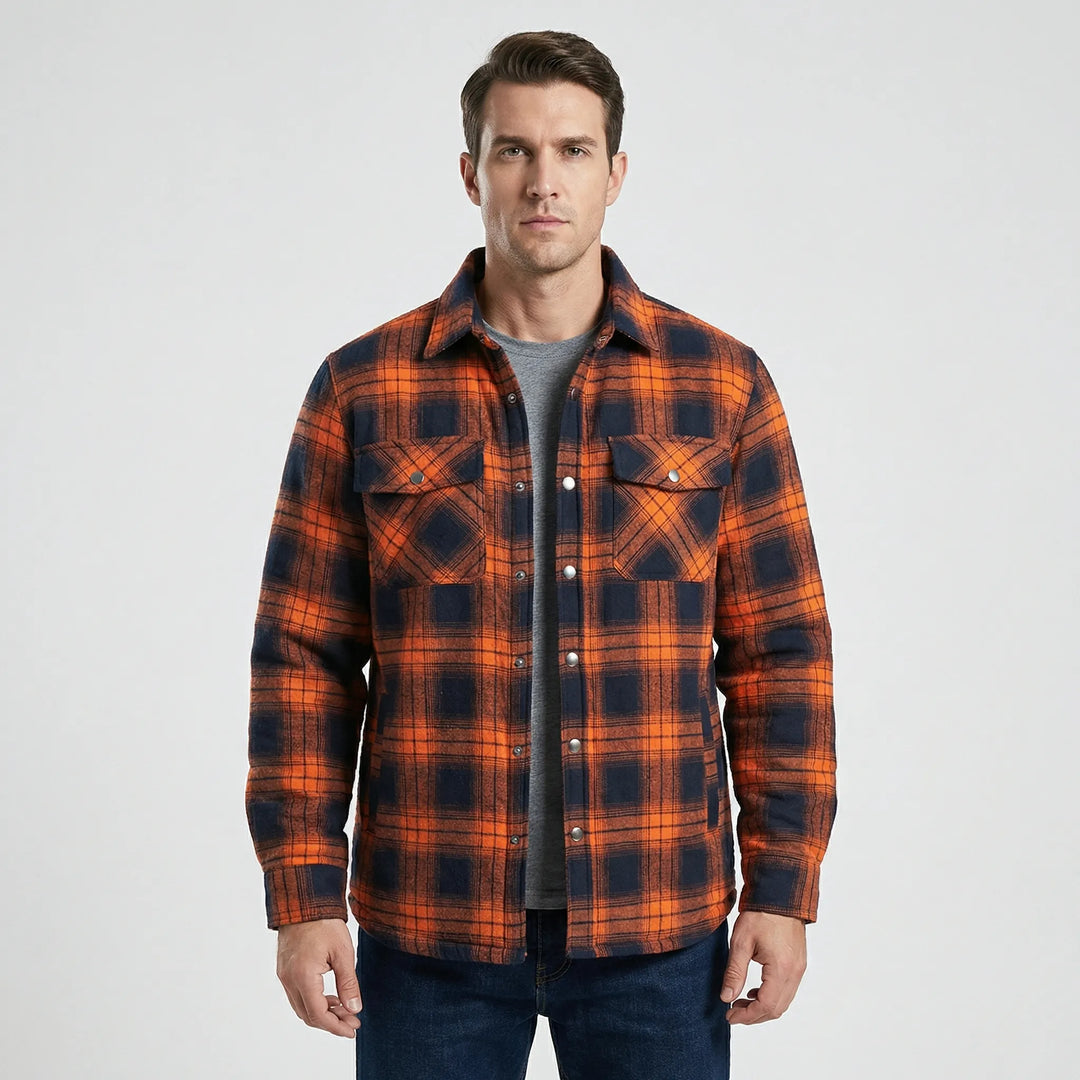 Stylish men's fall/winter plaid quilted jacket. Casual outdoor lumberjack style with warm quilting & snap closure.