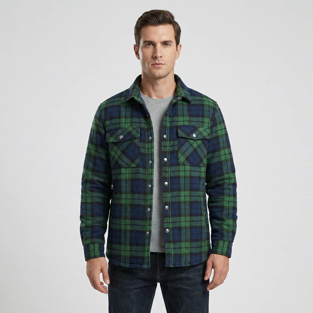 Men's retro plaid quilted jacket with snap buttons. Durable fall outerwear in classic lumberjack style.