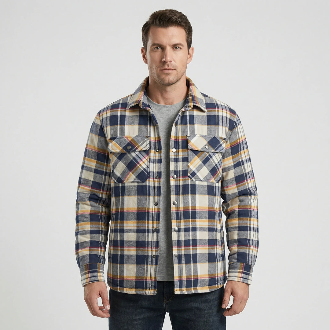 Classic men's plaid quilted jacket. Warm lumberjack style, quilted for fall/winter outdoor activities.