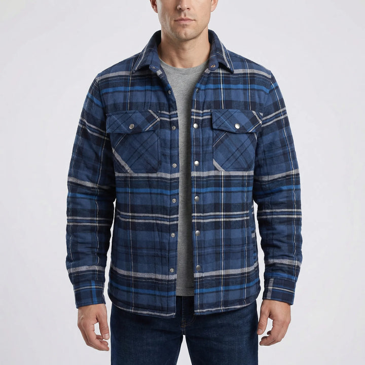 Tony men's retro red plaid quilted jacket. Warm lumberjack style, perfect for fall & winter casual outdoor wear.