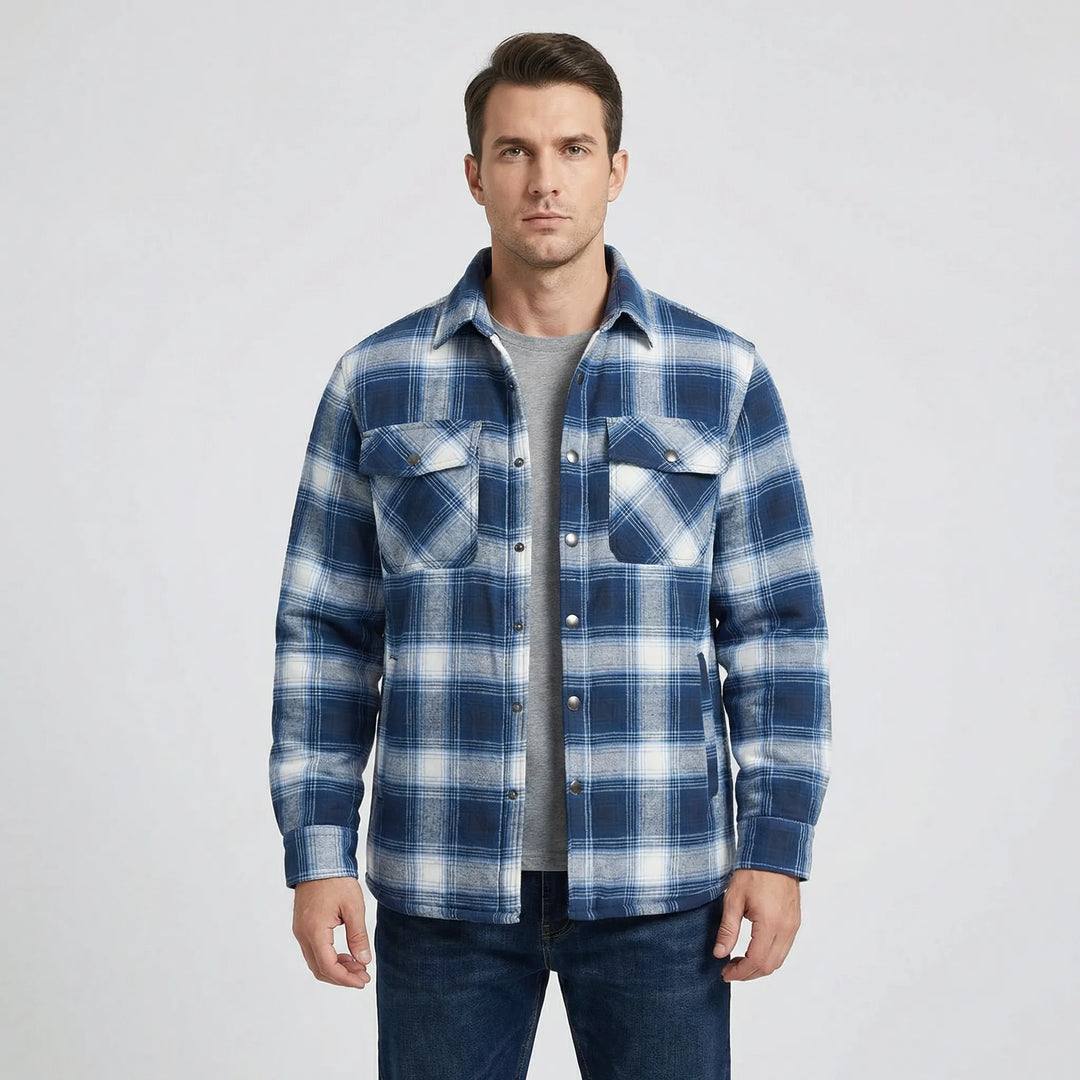 Men's warm quilted plaid jacket. Classic lumberjack design, snap button closure, fall/winter outerwear.