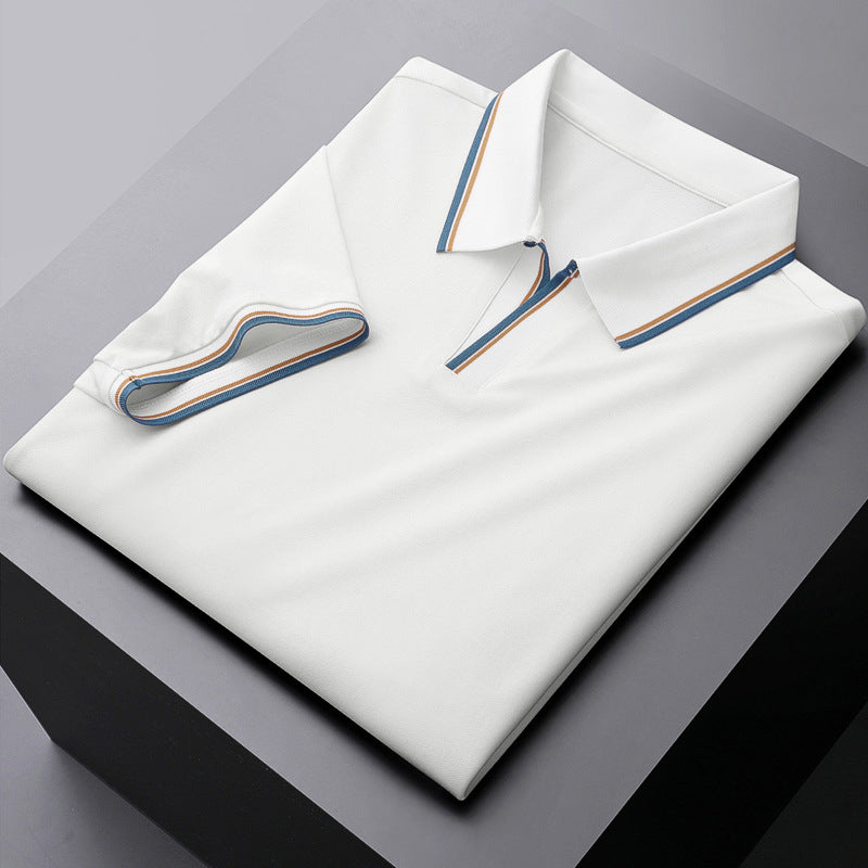 Fashionable men's short sleeve polo with a crisp contrast collar, a staple for any casual wardrobe.
