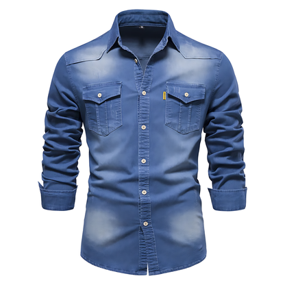 Modern slim-fit men's button-down shirt, long sleeve, excellent for work, smart casual, and versatile everyday fashion.