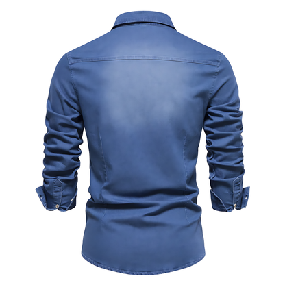 Stylish men's long-sleeve button-down shirt for adaptive comfort, perfect for versatile casual & smart casual looks.
