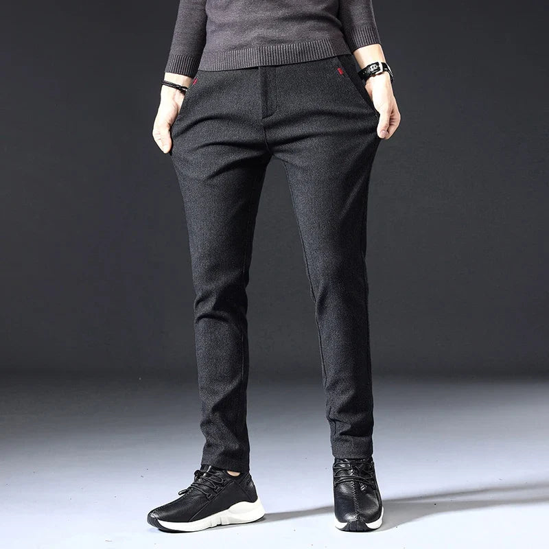 Collection of men's classic slim fit pants in various colors, emphasizing versatile style, comfort, and everyday fashion.